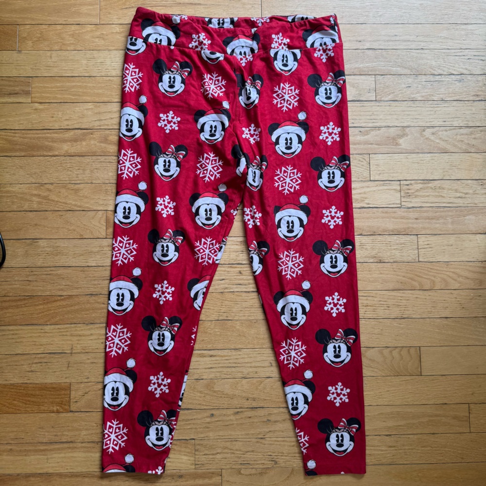 Disney Mickey Minnie Mouse Christmas Holiday Red Leggings Womens XL Snowflake‎